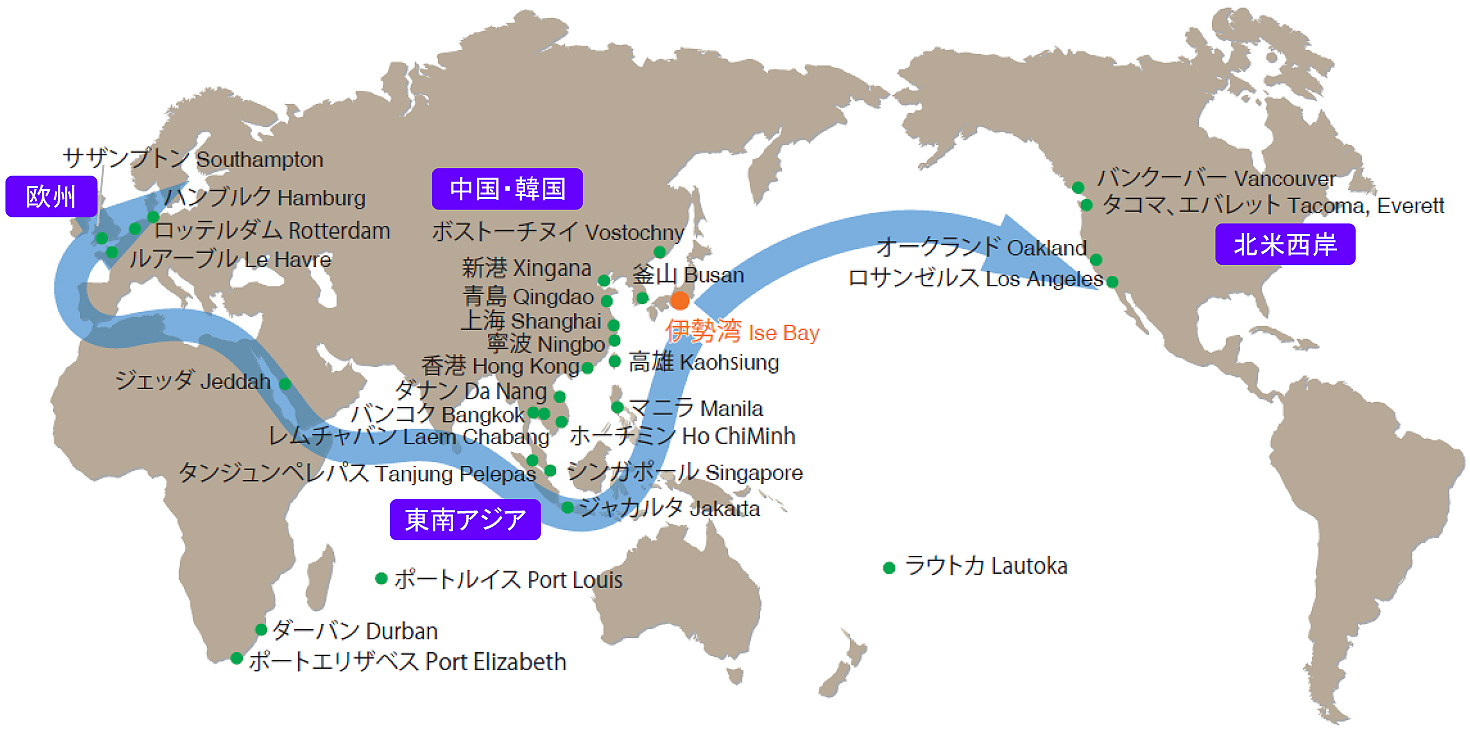 コンテナ船定期航路の主な寄港地